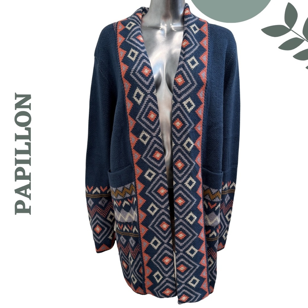 Papillon Blue Aztec Knit Cardigan Long Open Sweater Large - Picture 3 of 7